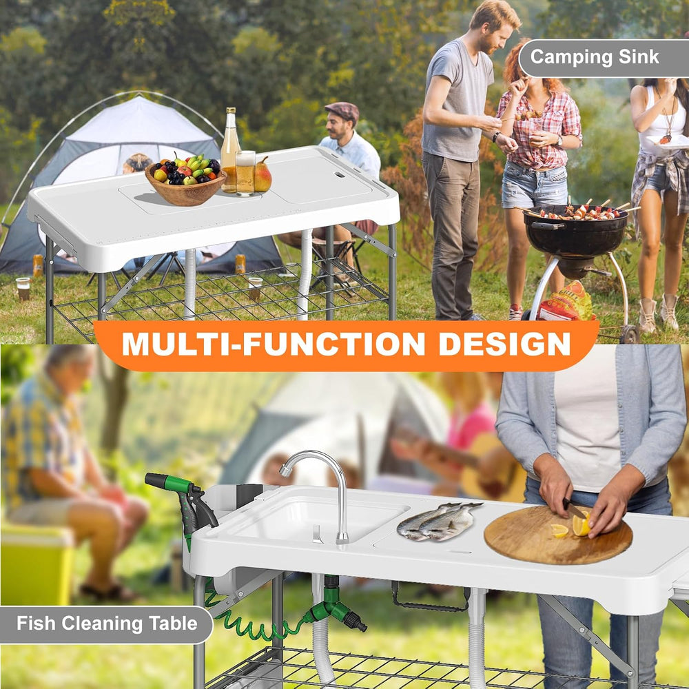 Folding Fish Cleaning Table with 2 Sinks, 42.5'' Portable Camping Sin...