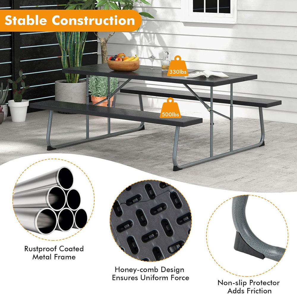 Tangkula 6 Ft Folding Picnic Table with 2 Built-in Benches, Black