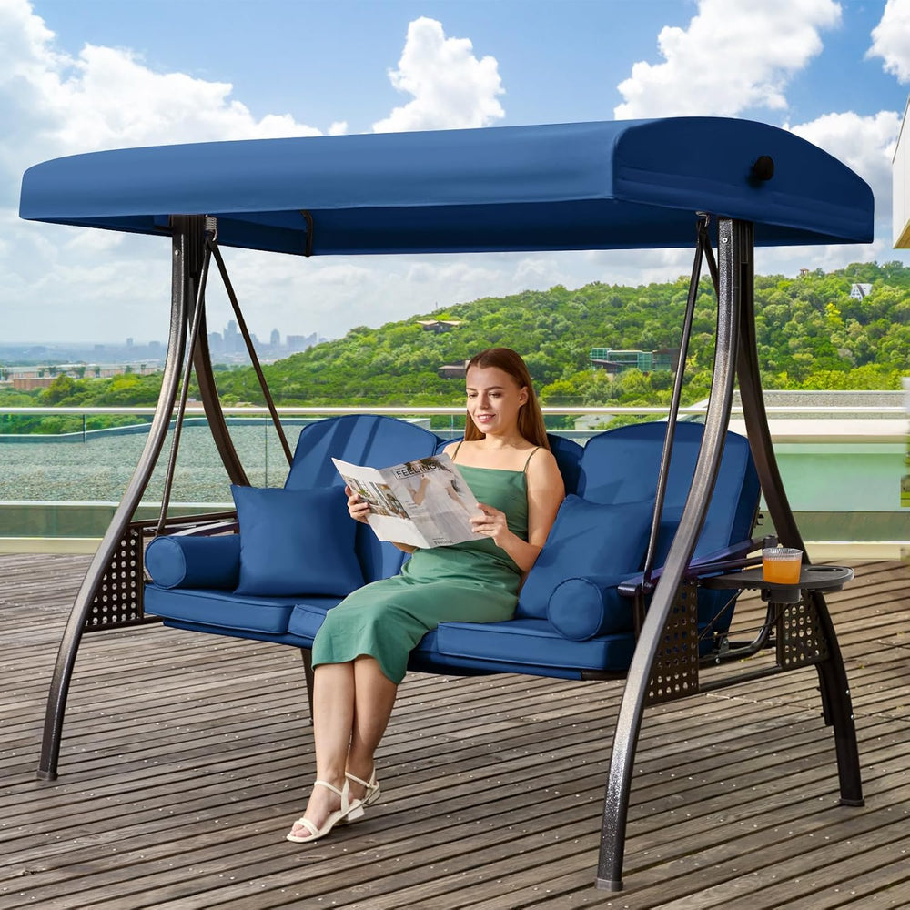 3 in 1 Outdoor Porch Swing with Adjustable Canopy, 3 Seat Outdoor Swing for A...