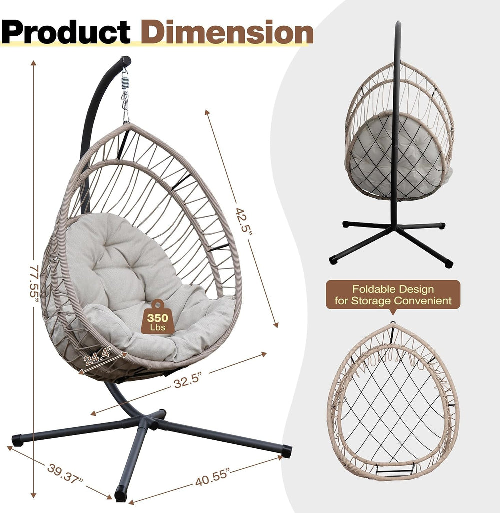 Upgraded Core-Spun Polyester Rope Hanging Egg Chair w/Stand, Foldable Swing S...