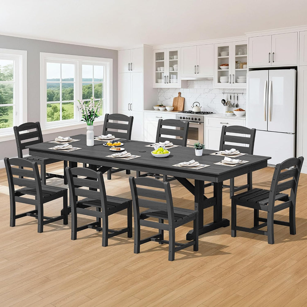 SERWALL 9Pcs 84" HDPE Outdoor Dining Set for 8 with Armless Chairs,Black