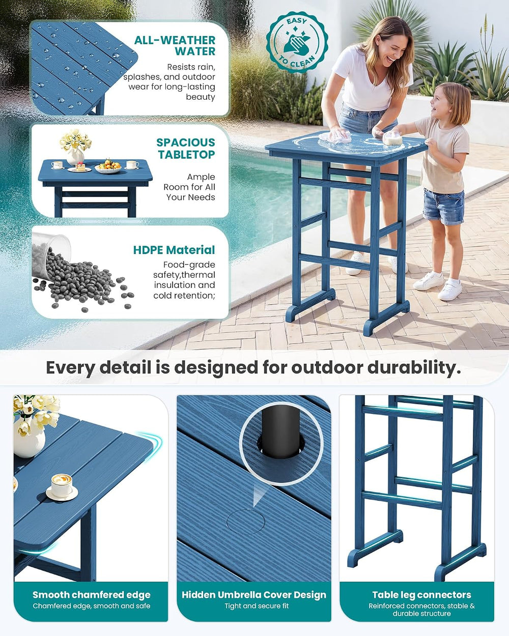 SERWALL 5 Pcs HDPE Bar Height Adirondack Chairs and Bar Table Set, Blue
