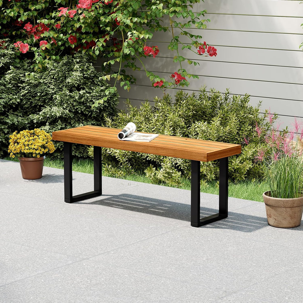 HAPPYGRILL Acacia Wood Bench for 2 People, Outdoor Dining Bench with Metal Le...