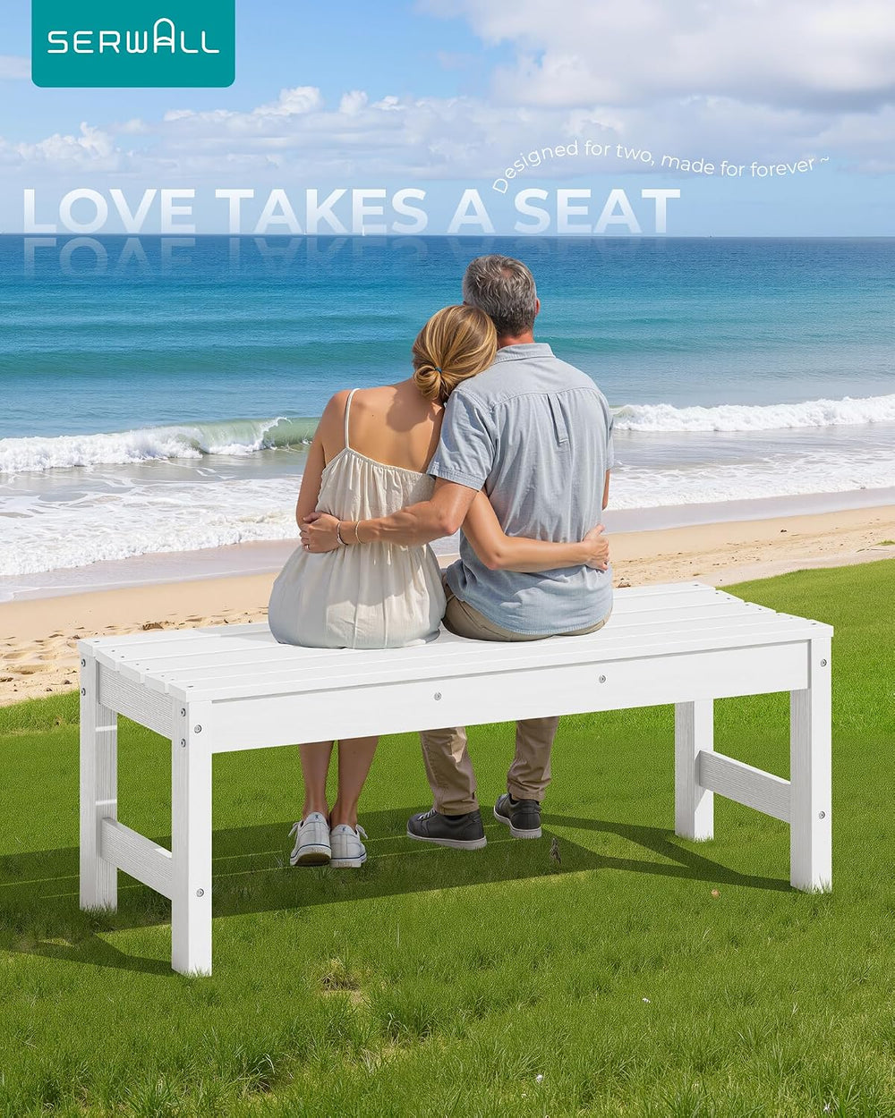 SERWALL 47 Inches Backless Outdoor Bench for 2-Person, White, 2 Pack