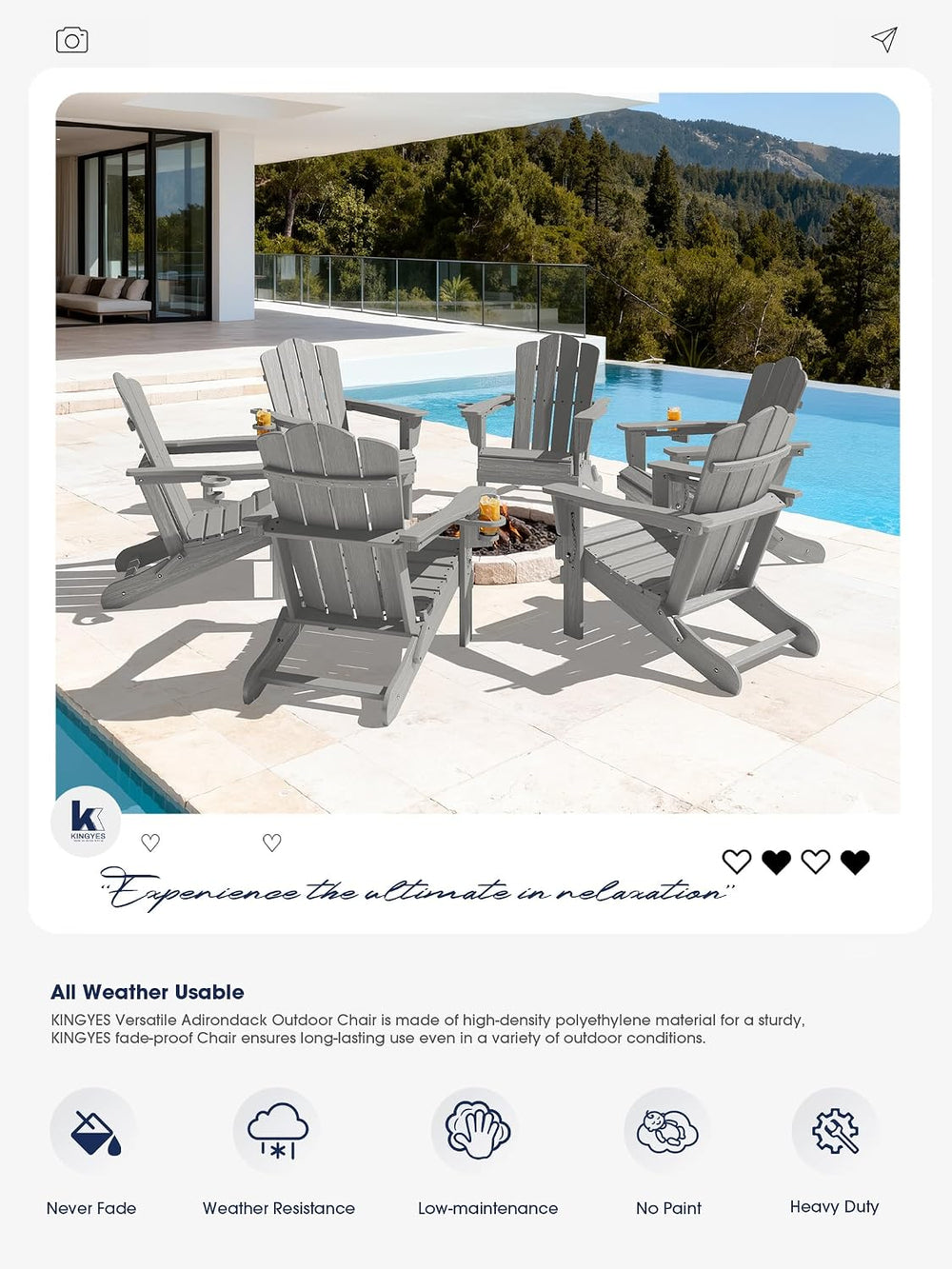 KINGYES Folding Adirondack Chair Set of 2 with Cup Holder, Silver Grey