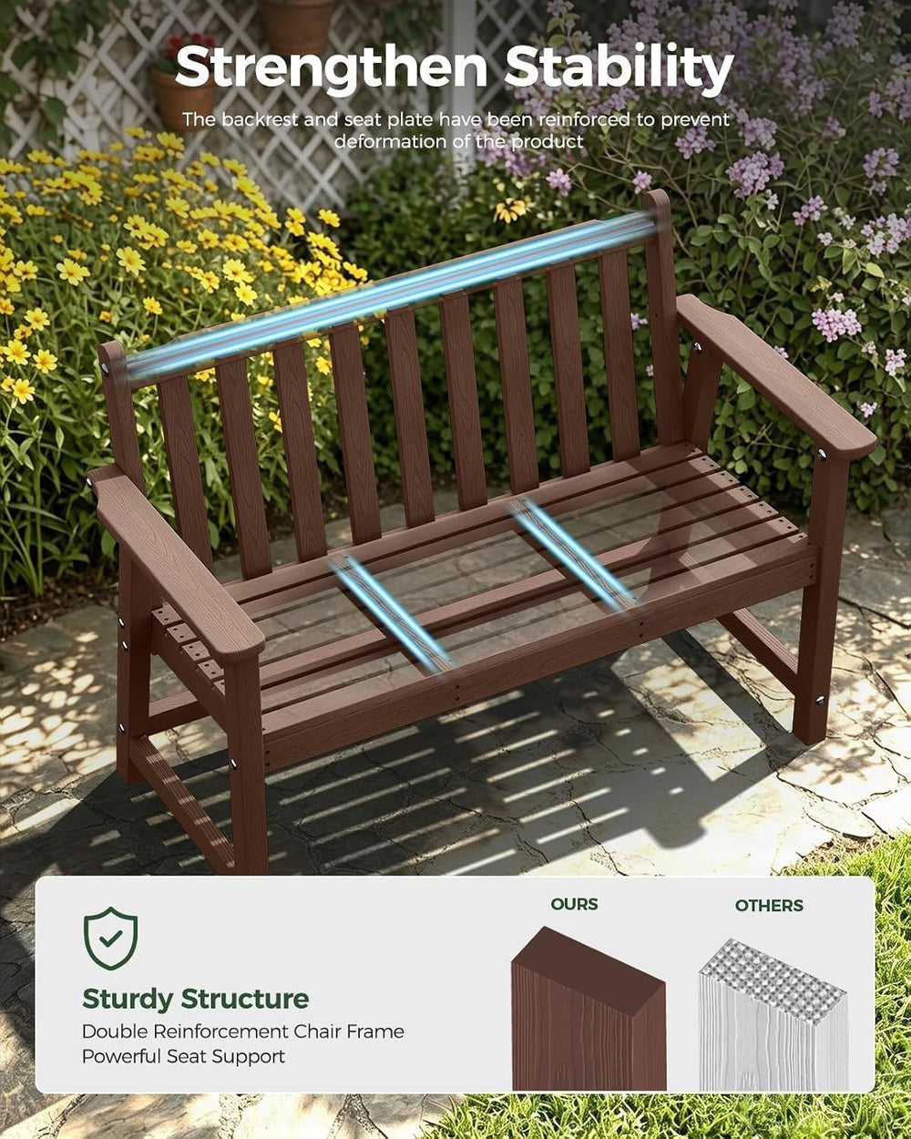 48" HDPE Weatherproof Outdoor Bench, Garden Porch Benches, Brown