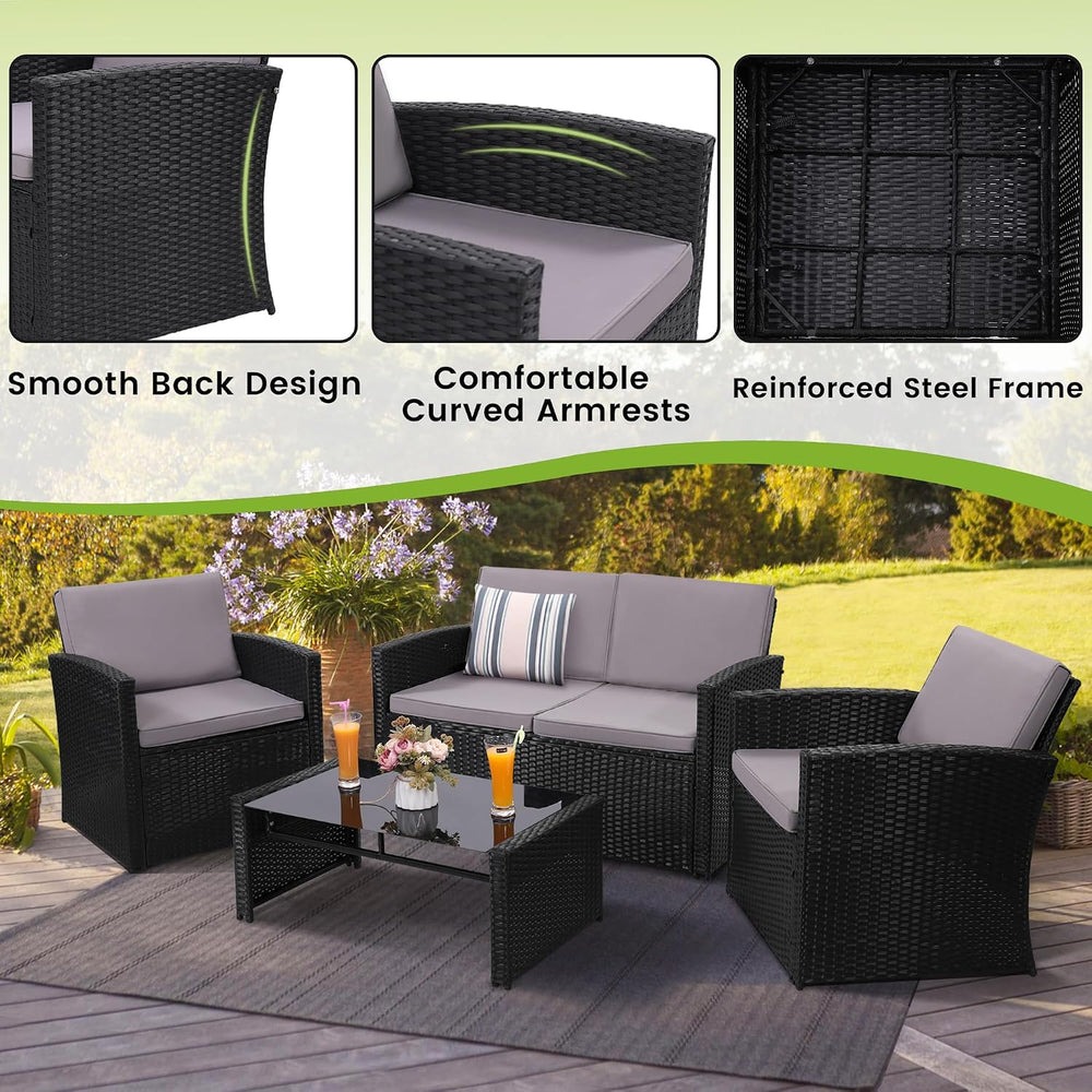 4 Piece Patio Furniture Set, Outdoor Wicker Conversation Set