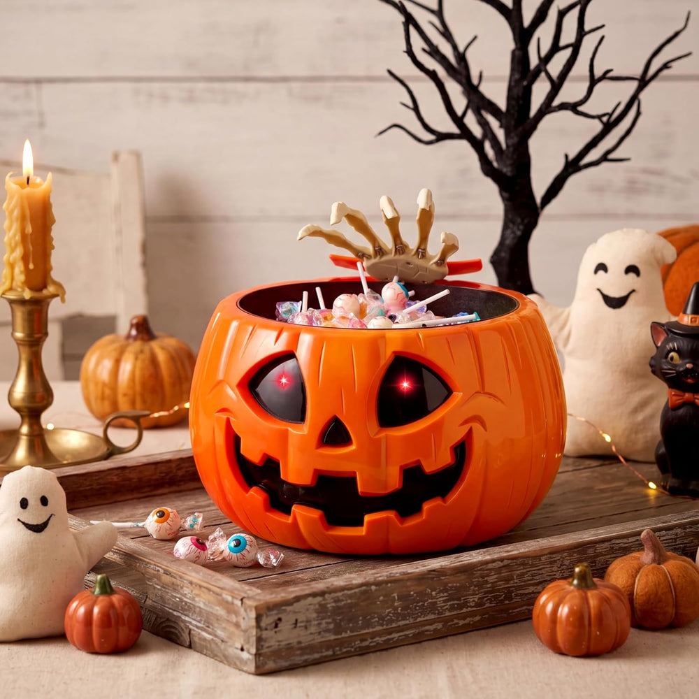 JOYIN Halloween Decorations Animated Skull Pumpkin Candy Bowl, Light-Up Skull...