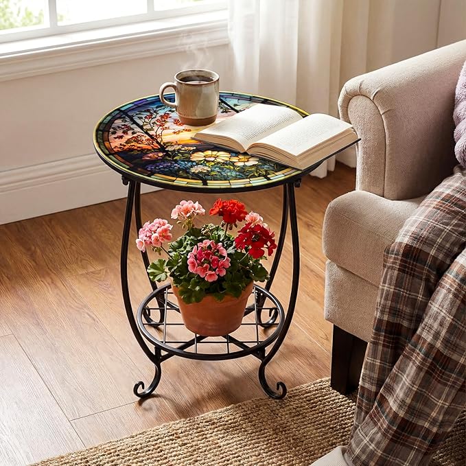 Outdoor Side Table Round Small Mosaic Patio Accent Indoor End Plant Coffee Te...