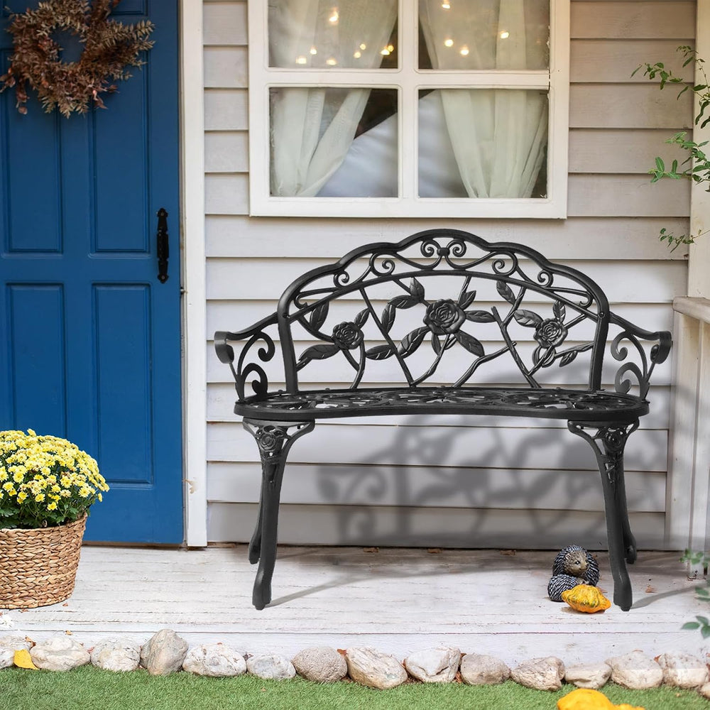 Patio Garden Bench, 38" Cast Aluminum Outdoor Chair Anti-Rust Weather Re...