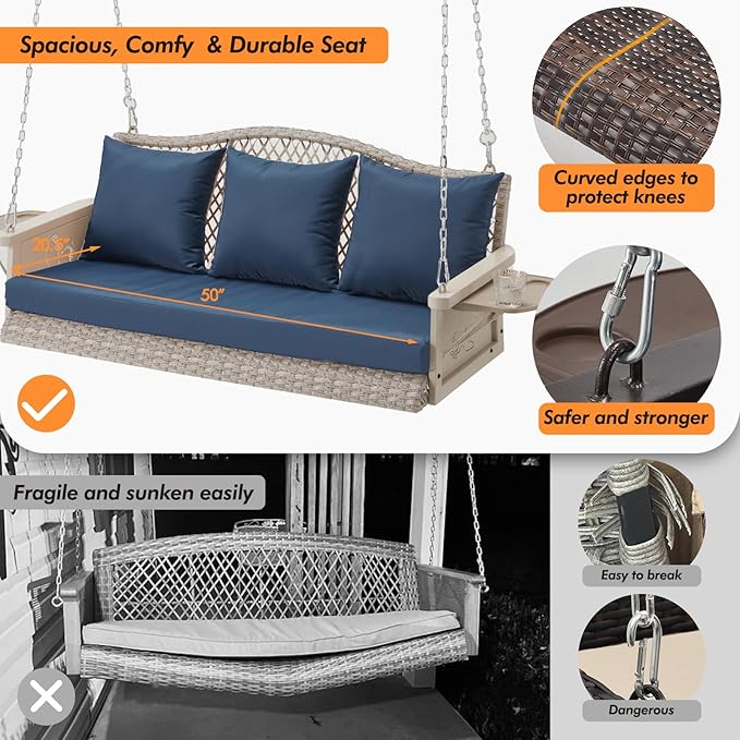 Upgraded Wicker Hanging Porch Swing Heavy Duty 900 LBS 3-Seat Outdoor Patio S...