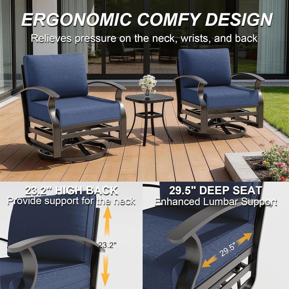 Gotland 3 Piece Patio Set, Metal Outdoor Swivel Chairs Set of 2 with 5.1’’ Hi...