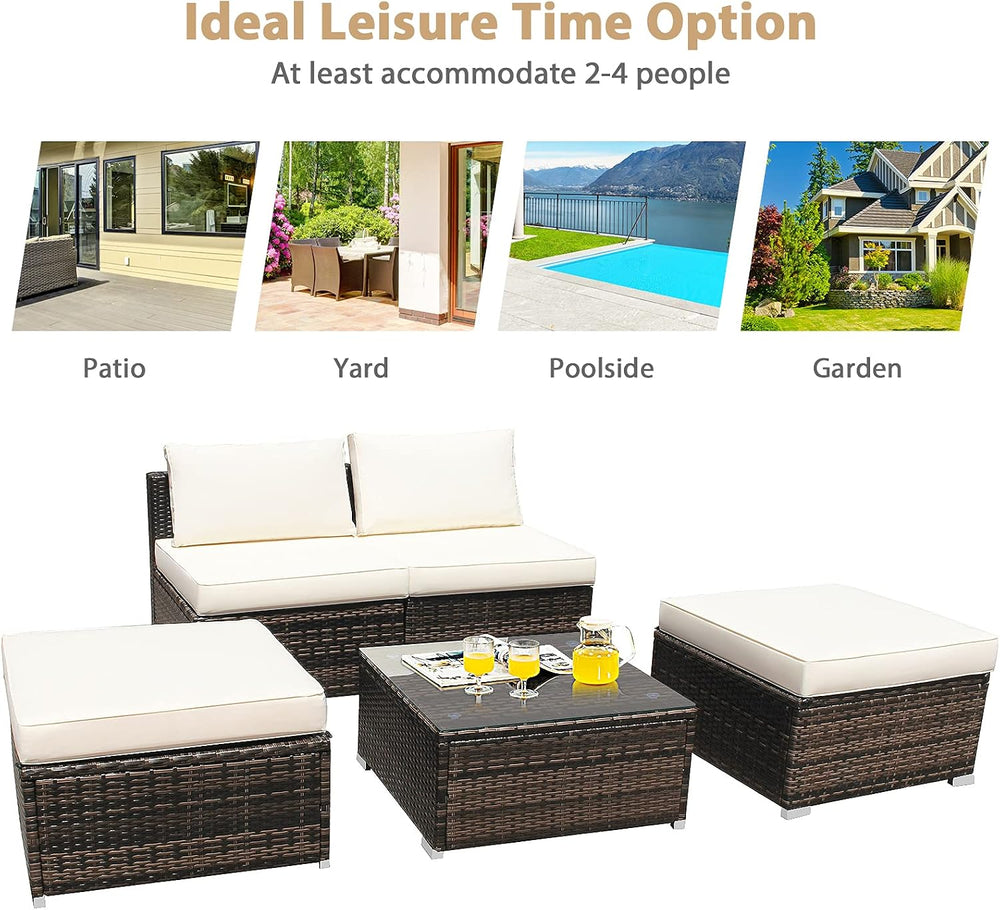 DORTALA Wicker Patio Furniture Set 5 Piece, Outdoor Conversation Sets with Ch...