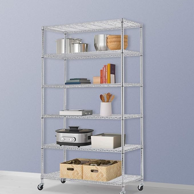 BestOffice | 6-Tier Wire Storage Shelves with Wheels | 18x48x82 | Chrome | Ad...