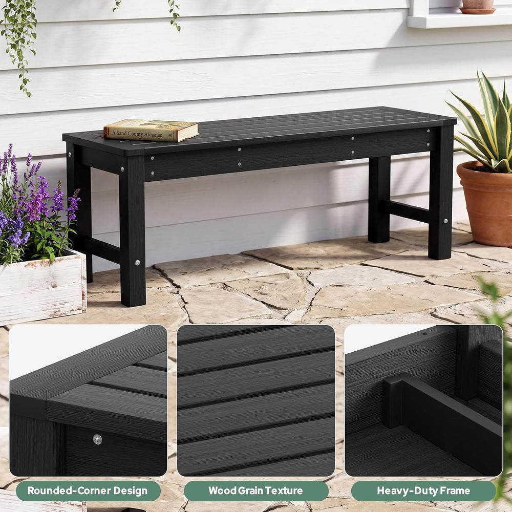 Psilvam 48” HDPE Outdoor Bench, 2-Person Backless Garden Bench, Black