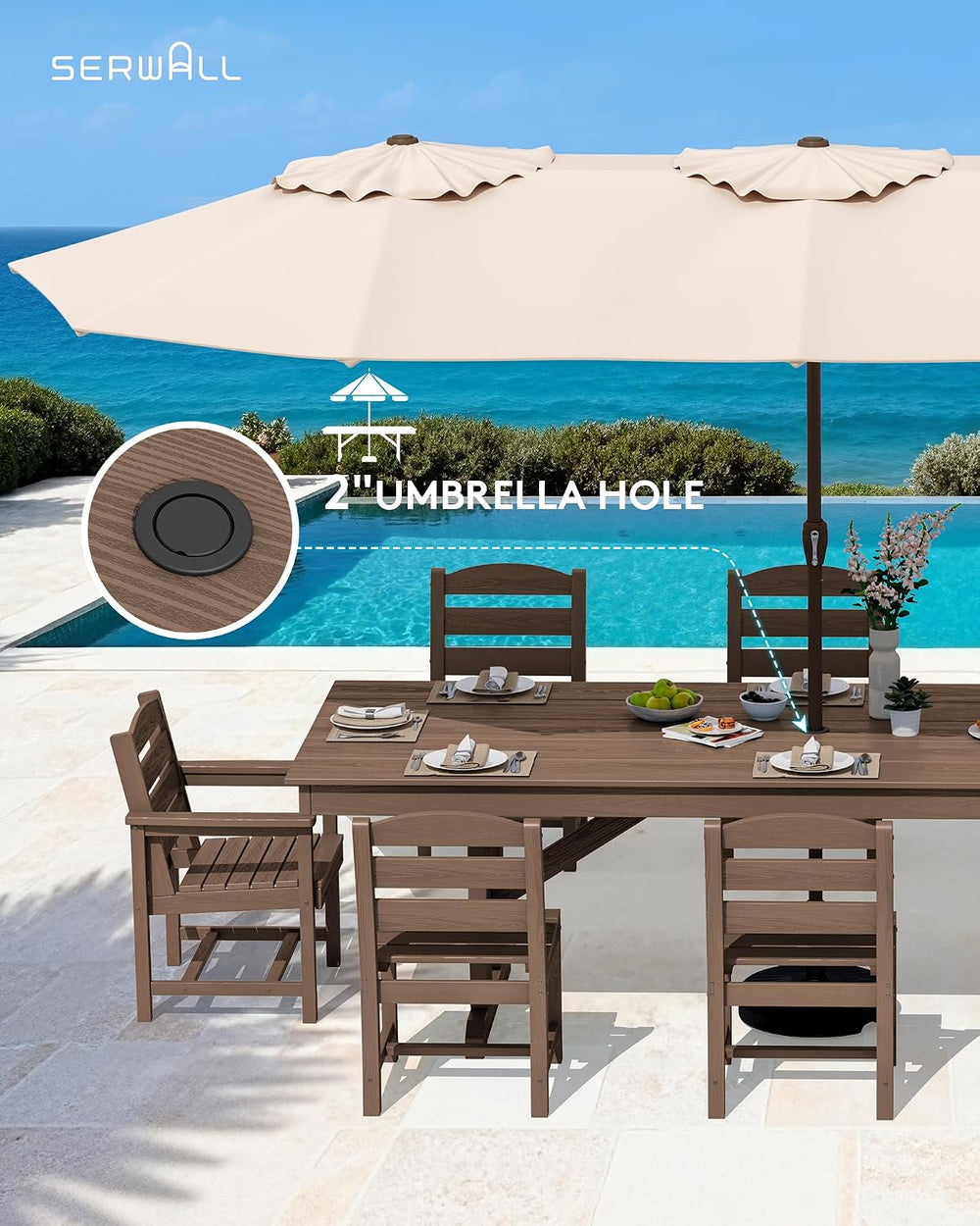 SERWALL 9Pcs HDPE Outdoor Dining Set w/6 Armless, 2 Armchairs for 8,Brown