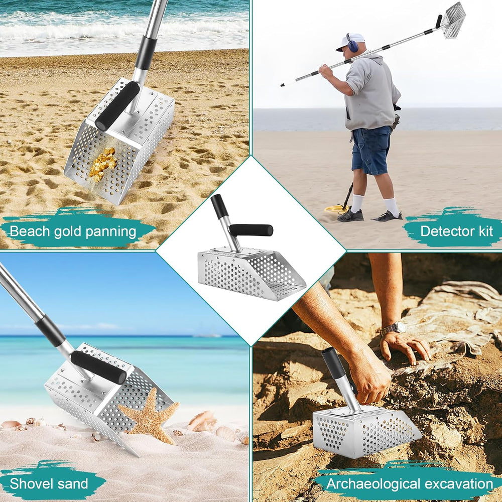 Sand Scoop for Metal Detecting, long-handle Metal Detector & Sand Flea Rake