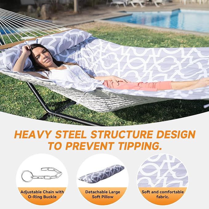 2 Person Outdoor Hammock with Stand, Cotton Rope Hammock with Polyester Pad, ...