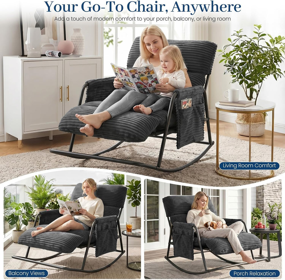 Oversized Corduroy Rocking Chair with Footrest, 3-Level Recliner Gray