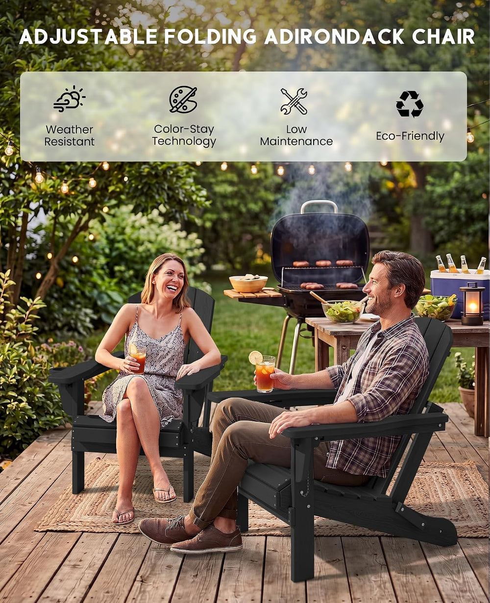SERWALL Folding Adjustable Adirondack Chairs Set of 4, Cup Holders, Black