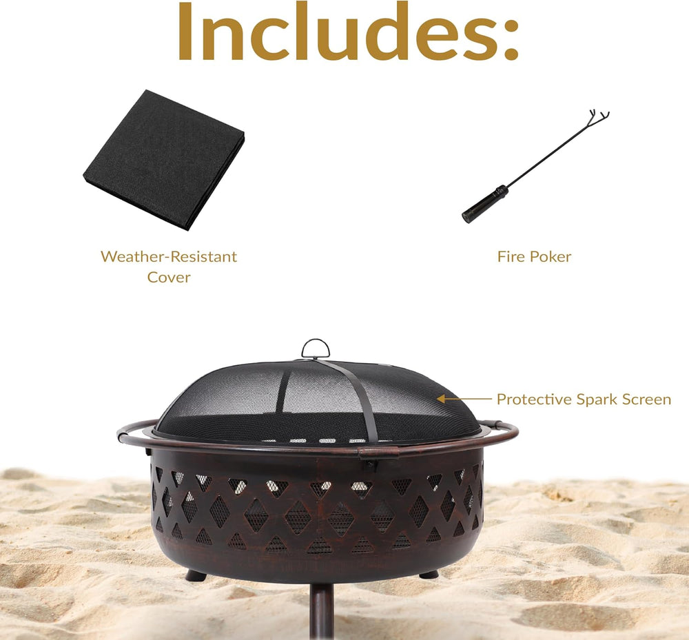 Sunnydaze Crossweave 36" Large Outdoor Fire Pit, Wood Burning, Round