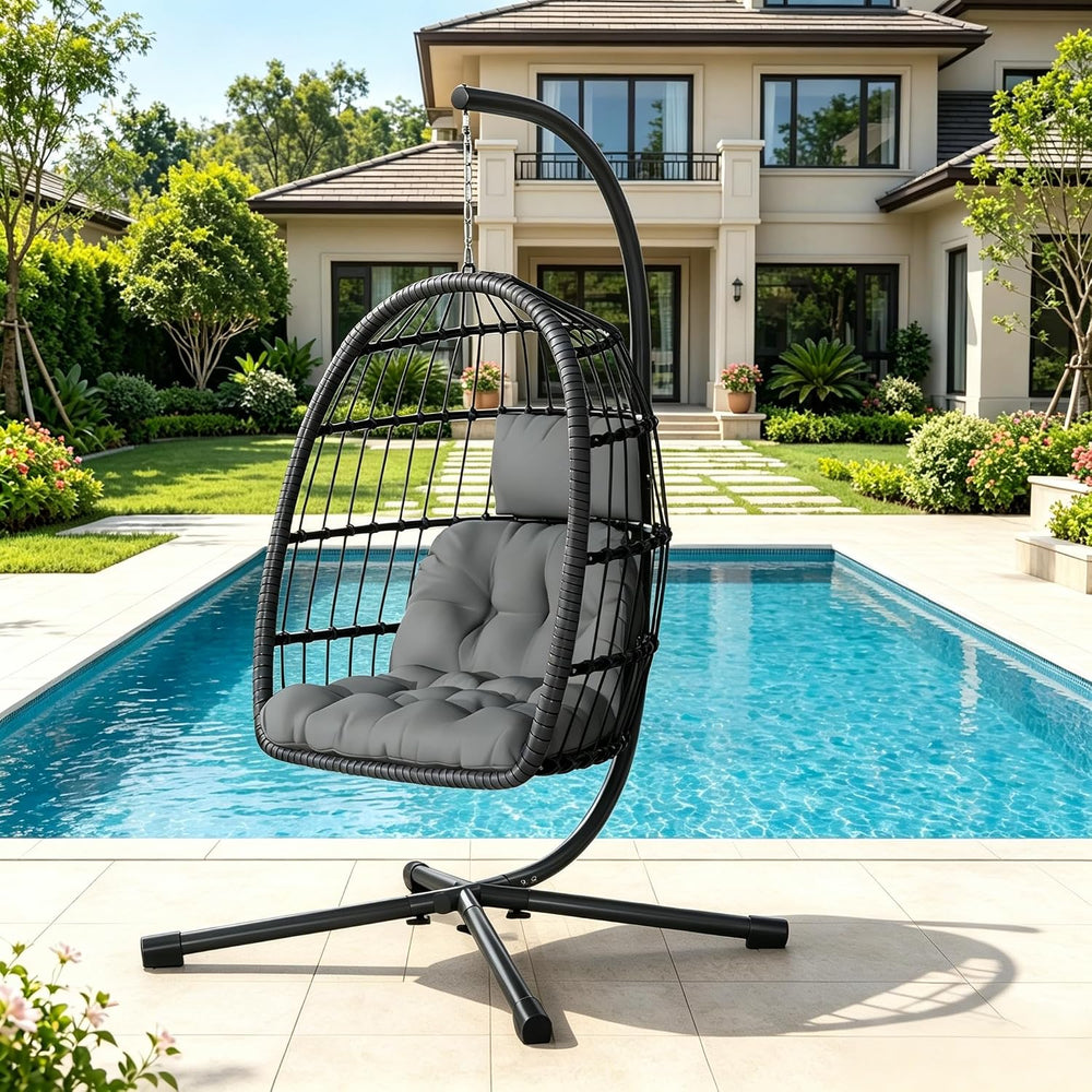 LEVELEVE Hanging Egg Chair with Stand, Patio Rattan Wicker Swing Chair, Overs...