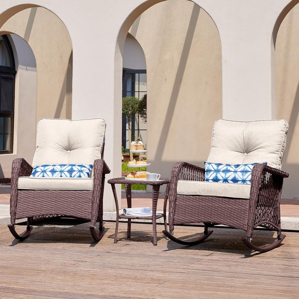 UDPATIO Rocking Chair Outdoor Set 2 w/Coffee Table, 3 Pc Wicker Bistro Set