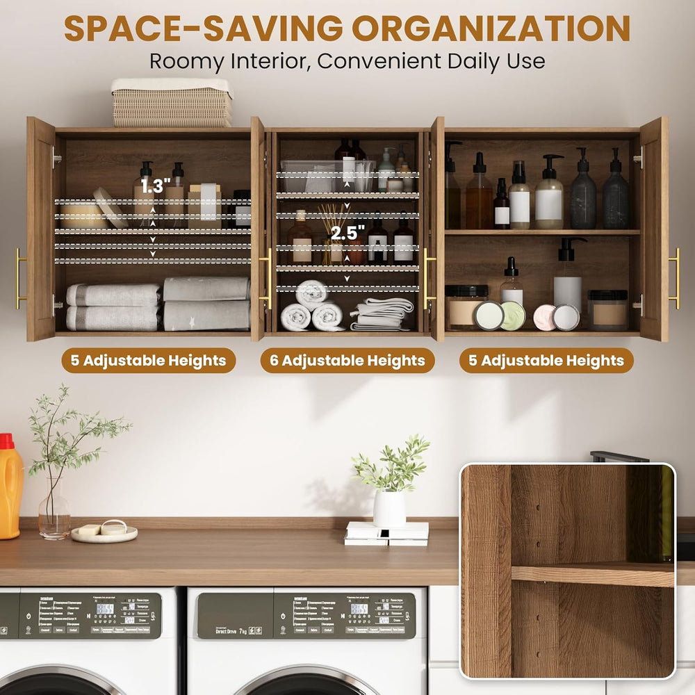 RUSTOWN 63.2" Rattan Laundry Room Cabinets, Large Wall Cabinet for Kitchen
