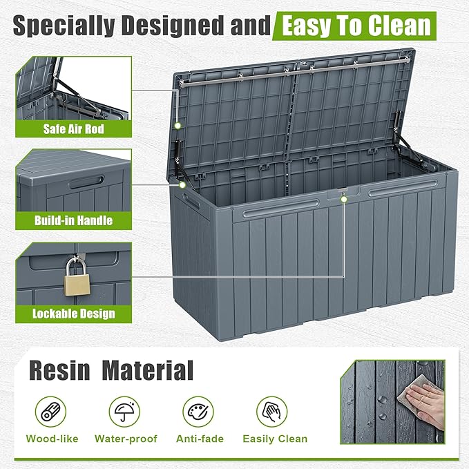 Flamaker Resin Deck Box 100 Gallon Large Lockable Outdoor Storage Box Waterpr...