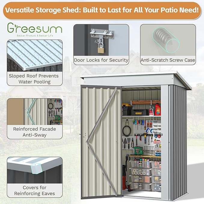 Greesum 5×3 FT Outdoor Storage Shed, Metal Storaged Sheds Without Floor, Tool...