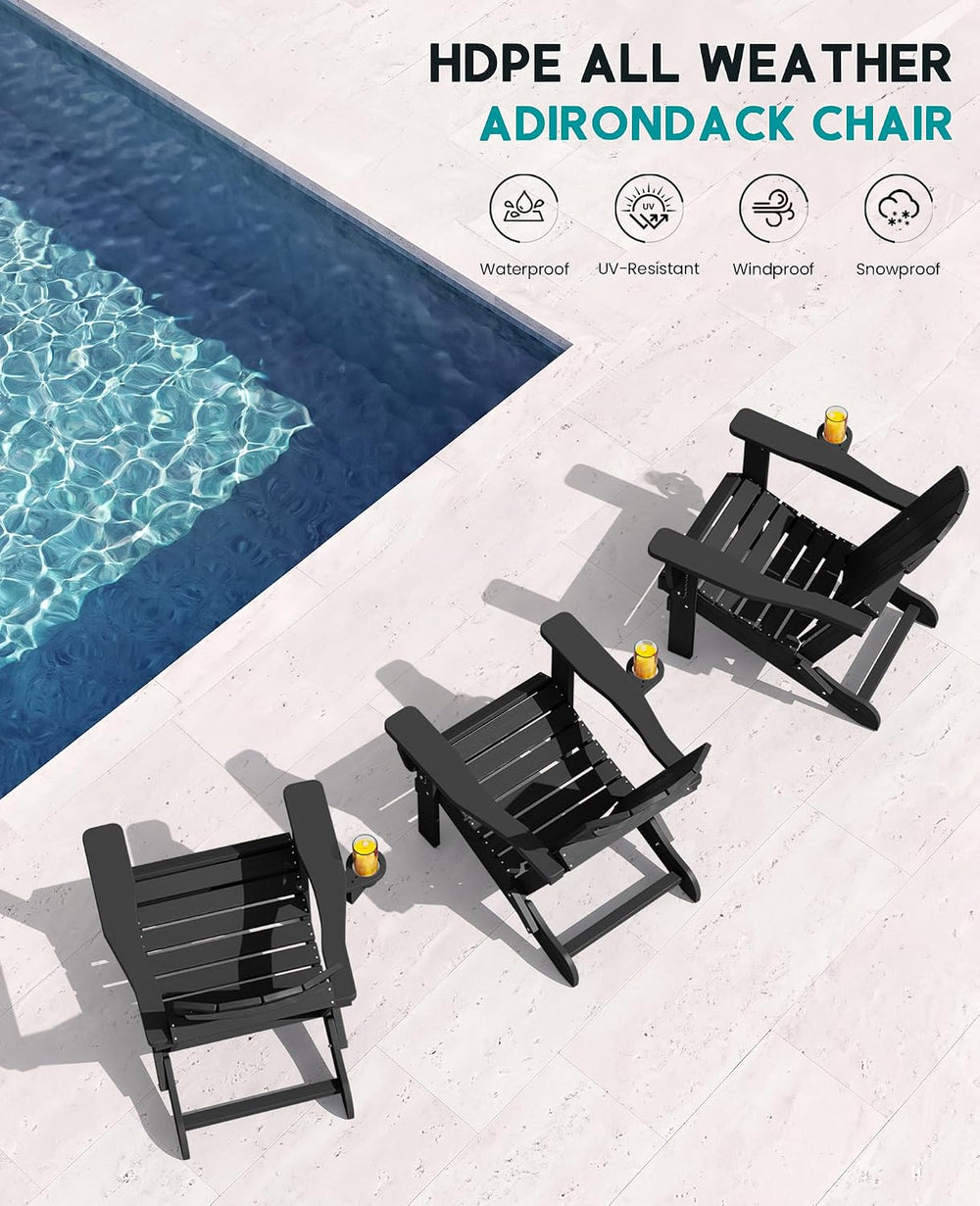 SERWALL Folding Adjustable Adirondack Chairs Set of 4, Cup Holders, Black