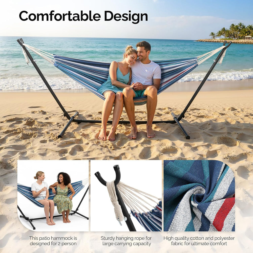 Double Hammock with 9 FT Stand Space Saving Carrying Case (Purple Blue)