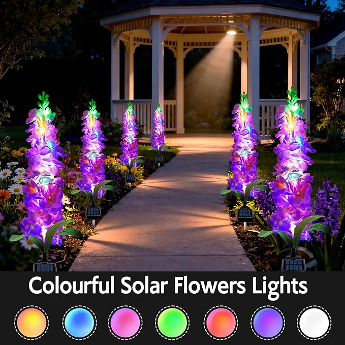 Solar Garden Lights, Solar Purple Delphinium Flowers Lights 4 Pack 80 LEDs, W...