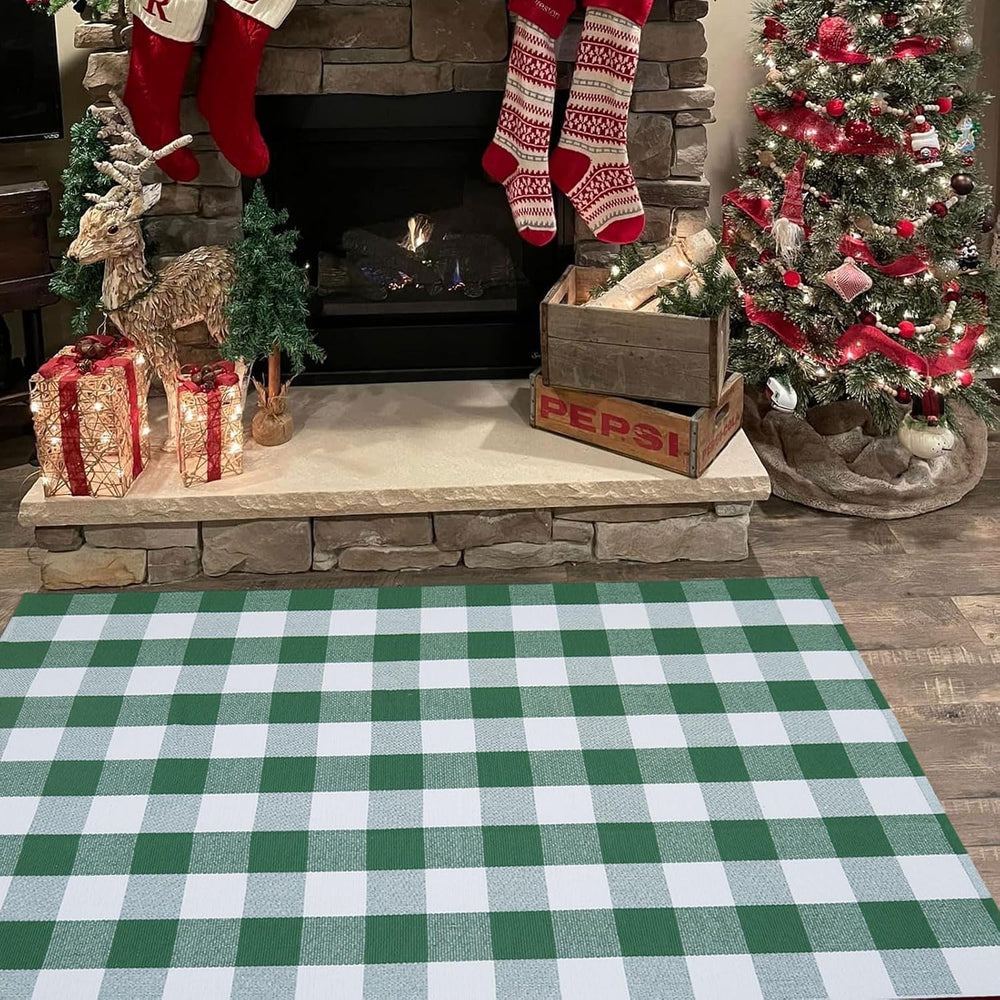 Green and White Buffalo Plaid Outdoor Rug Spring Door Mat Layering Rug Welcom...