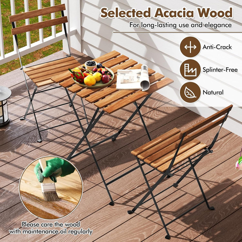 GIANTEX 3-Piece Acacia Wood Bistro Set, Patio Bistro Table with 2 Folding Cha...