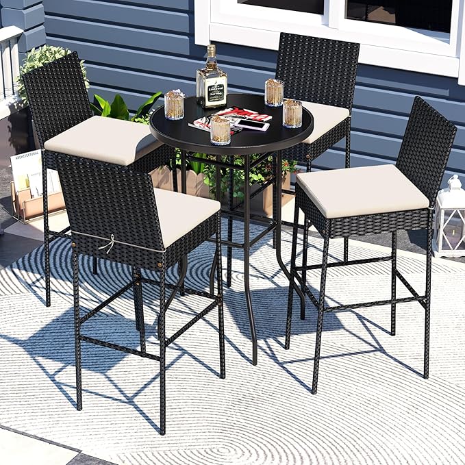 HAPPYGRILL Wicker Patio Barstools Set of 2, Outdoor Rattan Bar Chairs with Fo...
