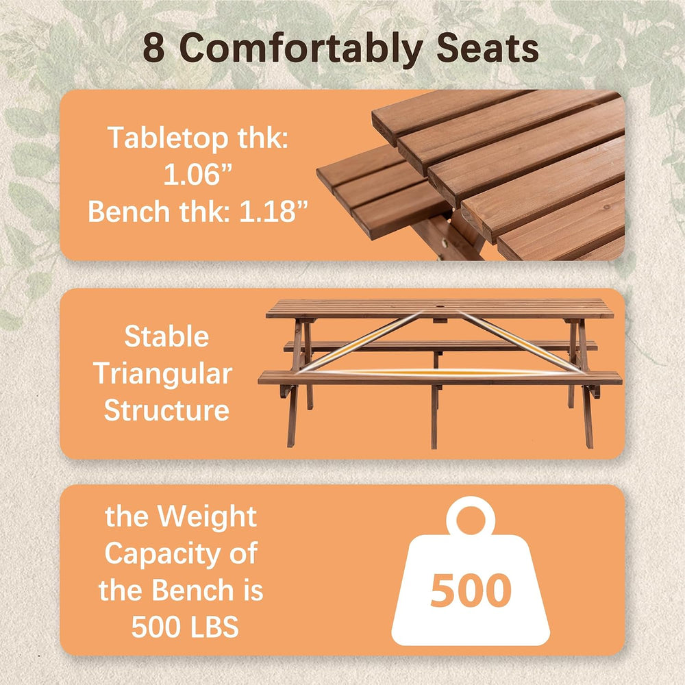 Brown 75" Rectangular Wooden Picnic Tables for Outdoors