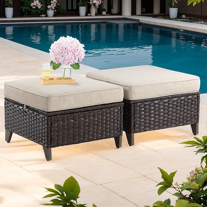 Joyside Patio Ottoman Set of 2, All Weather Outdoor Rattan Ottomans Patio Foo...