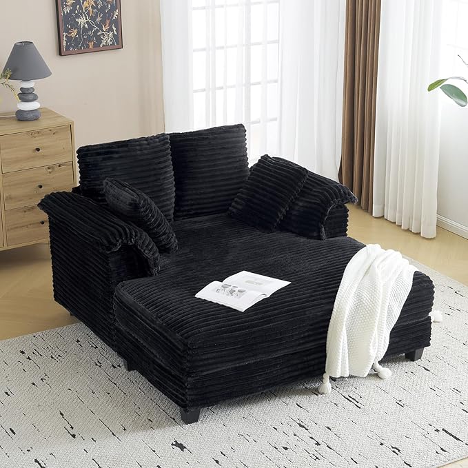 VINGLI 56" Oversized Chaise Lounge Chair, Black Comfy Corduroy Chaise So...
