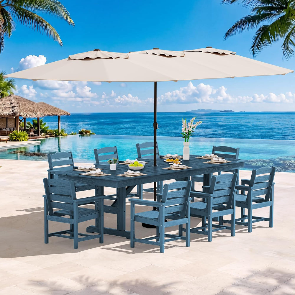 SERWALL 10Pcs 84" HDPE Outdoor Dining Set w/Armchairs & Umbrella,Blue