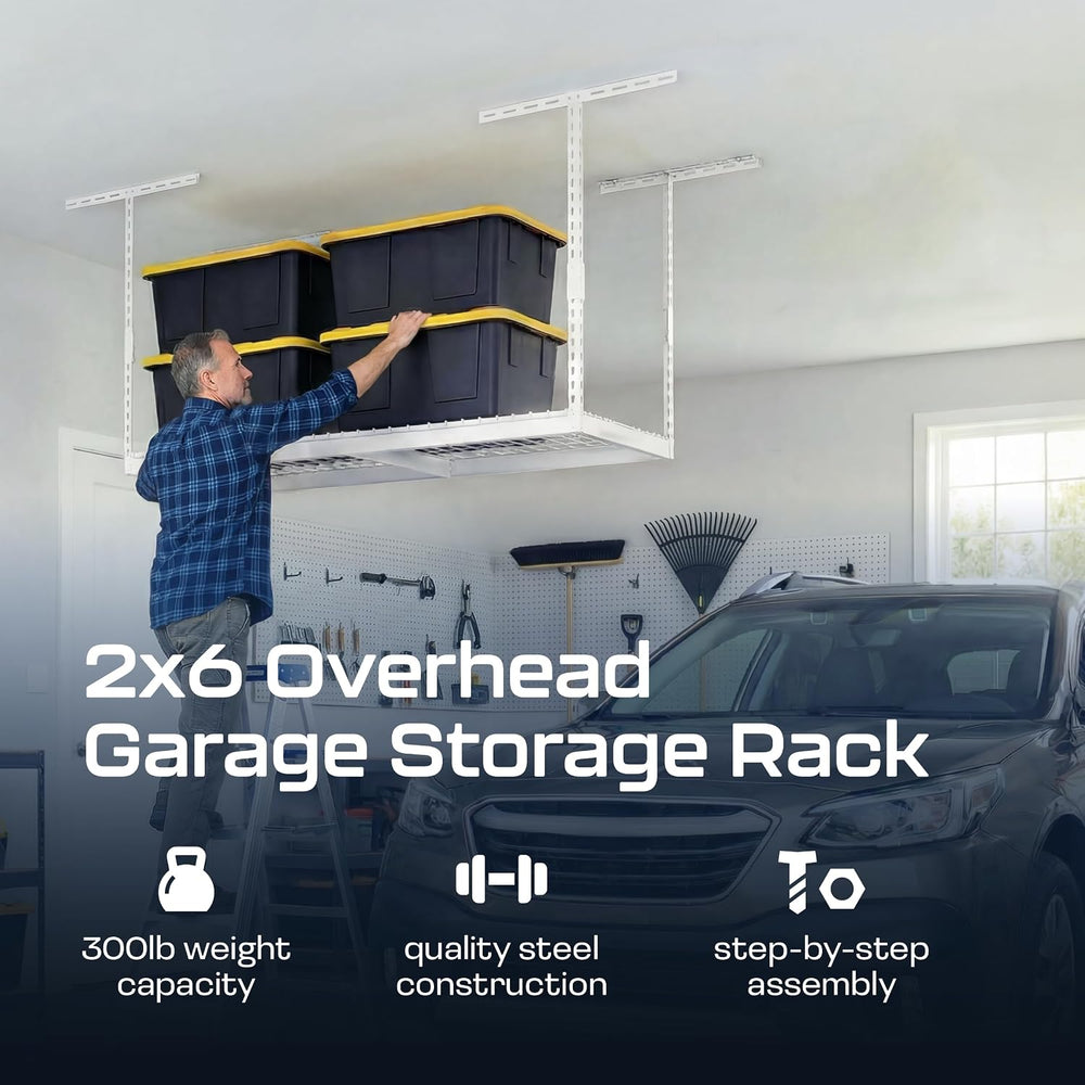 MonsterRax 2x6 Overhead Garage Storage Rack, White, 24"-45" Height
