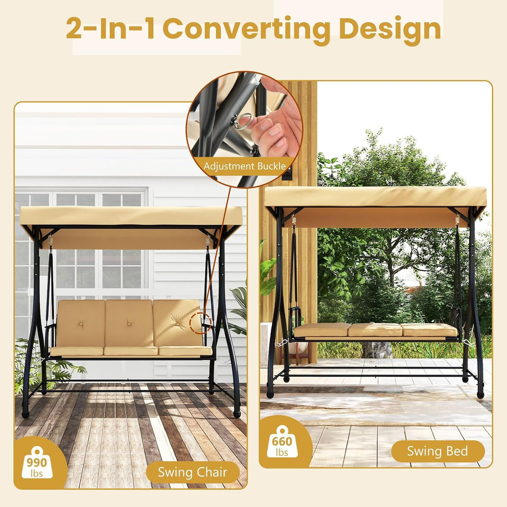 HAPPYGRILL 3 Seat Outdoor Porch Swing with Adjustable Canopy & Foot Pad