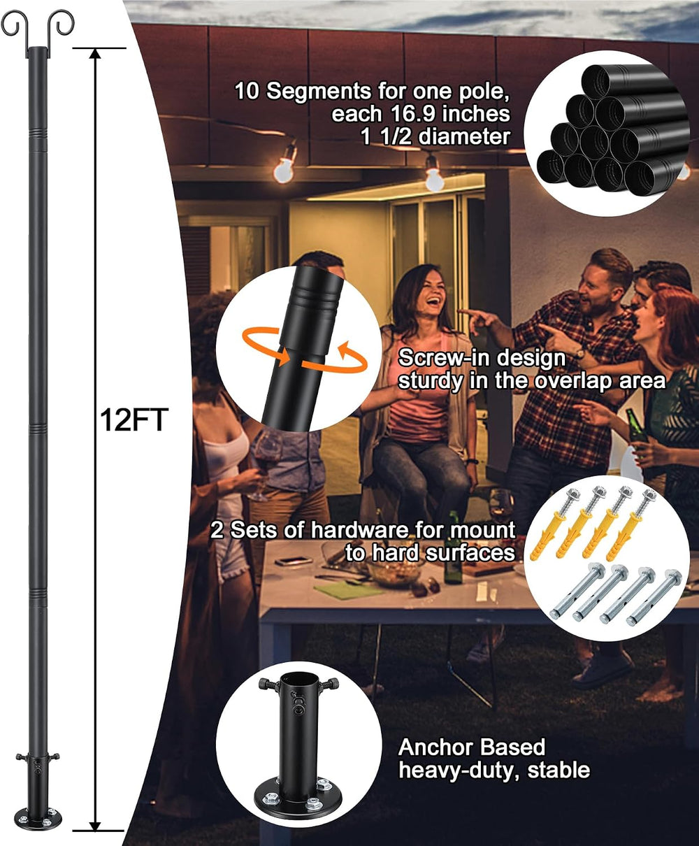 2 Pack String Light Poles, 12 ft Adjustable Deck Light Poles for Outside
