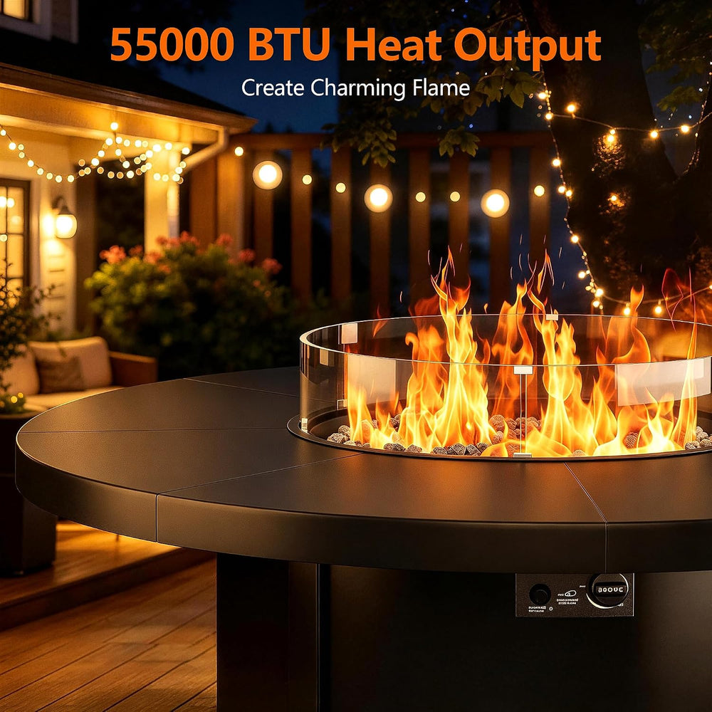 7Pcs Patio Furniture Swivel Chair Set with 55,000 BTU Round Fire Pit-Sand