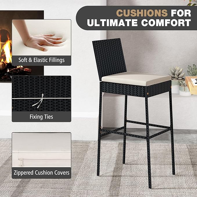 HAPPYGRILL Wicker Patio Barstools Set of 2, Outdoor Rattan Bar Chairs with Fo...