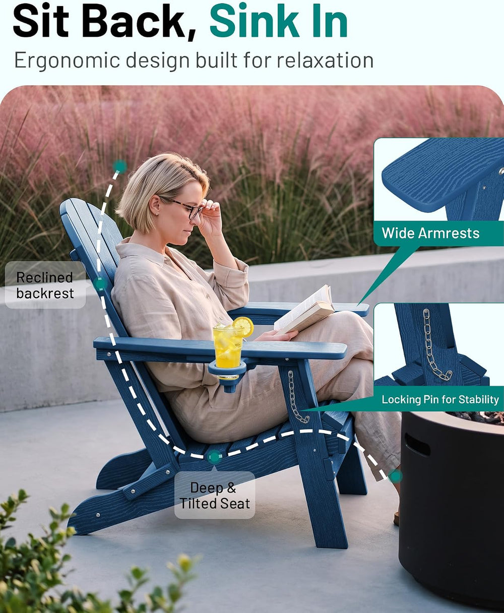 PLUUV Folding Adirondack Fire Pit Chairs Set of 2 with Cup Holders,Navy