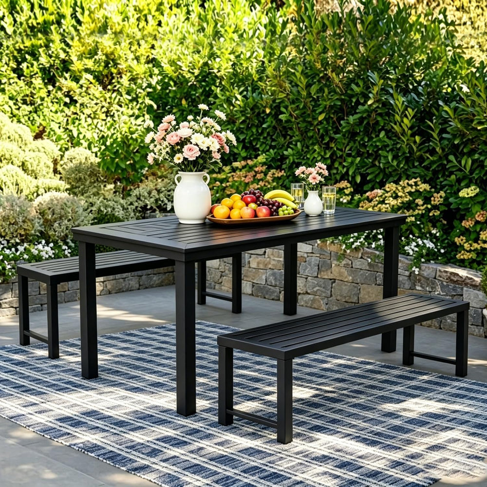 Outdoor Metal Backless Bench, Set of 2,Weatherproof Patio Bench with Slatted ...