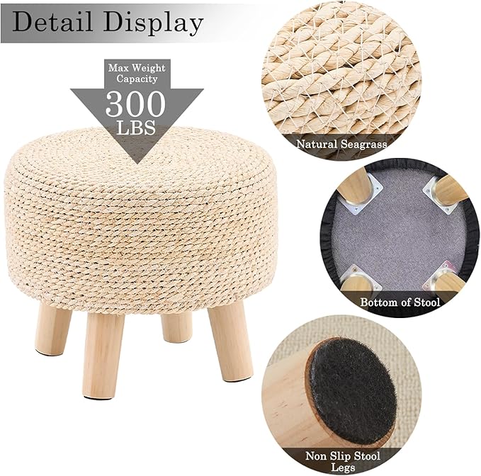 Wimarsbon Round Foot Stool Natural Seagrass Poufs Ottoman Hand Weave Footrest...