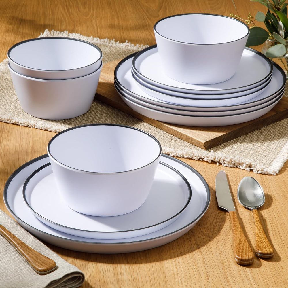 Gibson Home Folsom Shores 12 Piece Unbreakable Modern Melamine Plates and Bow...