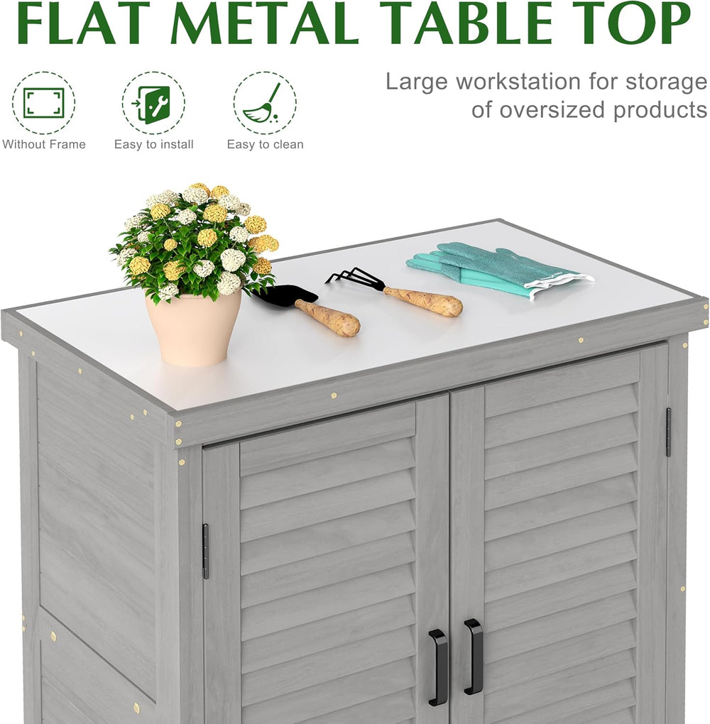Outdoor Storage Cabinet & Potting Bench Table with Metal Top, Wooden Pati...